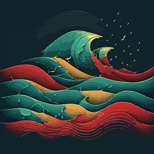 waves, technical illustration, detailed, flat, vector, clean, minimalist, red, yellow, teal, dark grey background