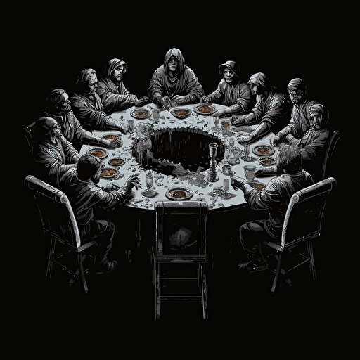 robbers, thieves and gangsters at the last supper. Money on the table. Highly detailed. Uhd. 16k vector image. Drawing. Black background. Paint drips.