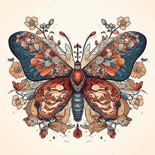 a beautiful moth with a surrounding floral design in detailed drawing style + simple vector + bright colors on a white background