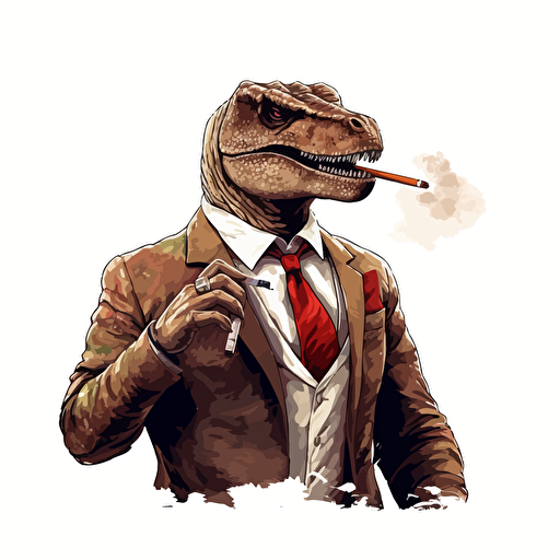 T-rex smoking a big cigar, wearing a business suit, on blank white background, vector art, 2d