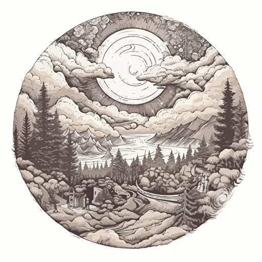 rolling distant mountains and sporadic giant trees, tiny campsite hidden, atmospheric clouds vector doodles ilustration minimalistic sacred geometry in a circular pattern, angelic, dynamic lighting,