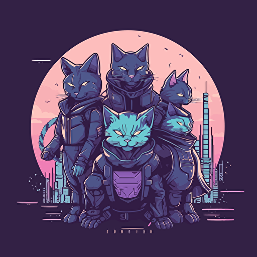 logo design, flat 2d vector logo of a group of futuristic anthromoporphic cyberpunk cats wearing sci-fi suits in the front and spaceships and buildings behind, muted purple and blue colors, 80s, star-wars-inspired, retro