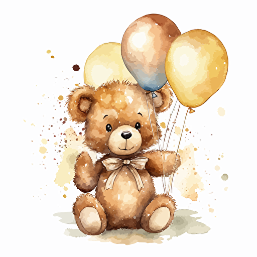 cute teddy bear wearing a bow holding many brown and gold balloons , ultradetailed watercolor, vector
