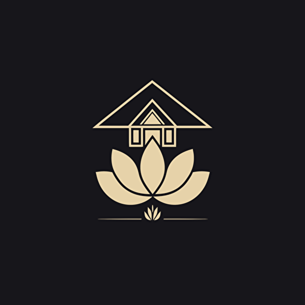 simple geometric iconic logo of lotus flower and a house, white color vector, on black backgroung
