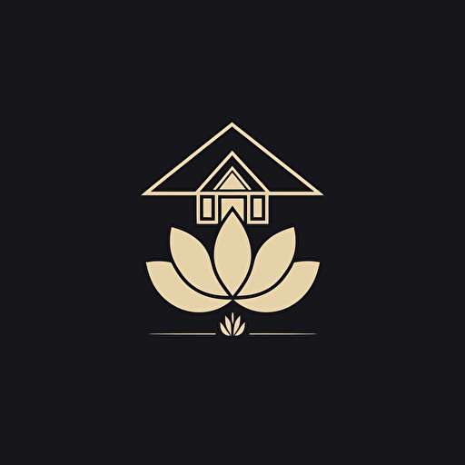simple geometric iconic logo of lotus flower and a house, white color vector, on black backgroung