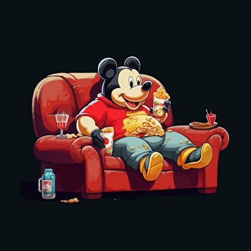 obese Mickey mouse sitting on couch watching TV in his boxers. Giant burger on the table. Trashy apartment. High detail. 16k. Vector image. Black background. Five o clock shadow.