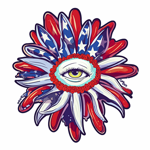 close up vector illustration for a sticker, of the head of a flower, no stem. its petals are colored in the stars and stripes of the american flag. on white background
