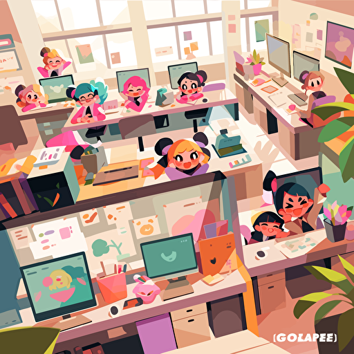 some employees that love their workspace, happy faces, vector illustration, colorful