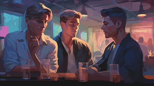 a painting of gay men at the bar in a club, in the style of sam spratt, simplistic vector art, 32k uhd, kris knight, danny lyon, marvel comics, film noir-esque
