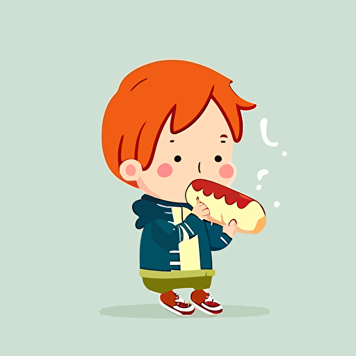 a kid with freckles eating a hotdog, cartoon vector