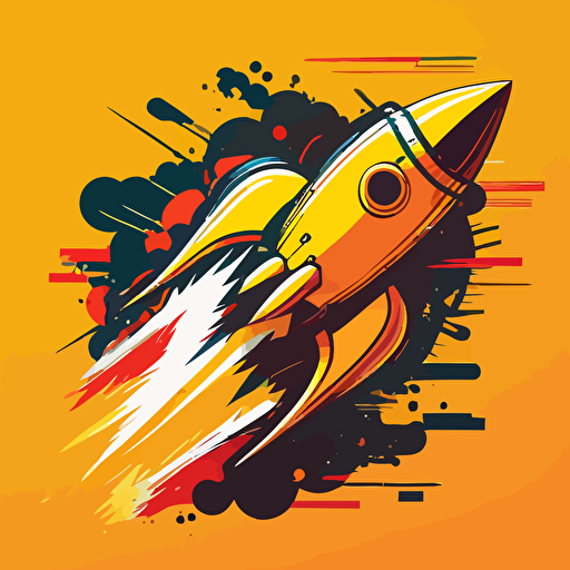 a logo for a design brand, with a rocket, simple vector, pop art, luxury fashion, yellow