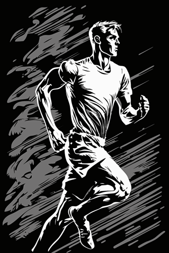 abstract outdoor jogging man, grey and white colors, pop art deco illustration, hand vector art, black background,