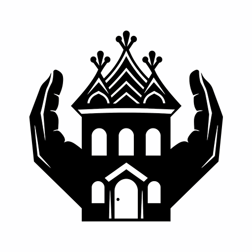 hands arranged in a way that resembles the shape of a house with a window and a crown on top, black on white, vector, icon, negative