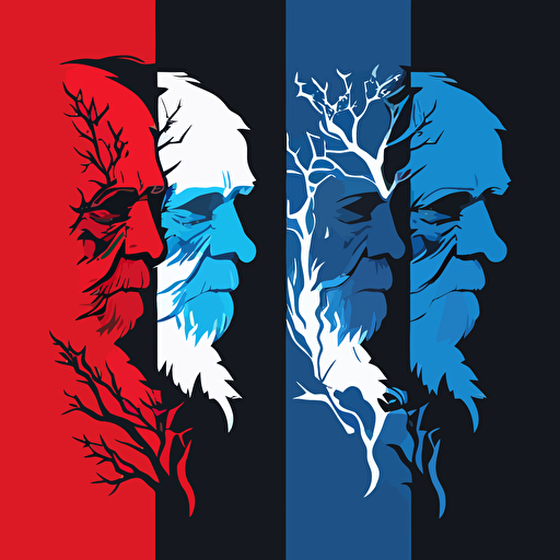 4 elder, Malevolent, Introspection, red color, blue background, simple design, vector style, white outline over silhouette
