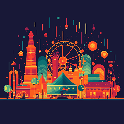 very simple flat vector illustration of a fairgrounds at night