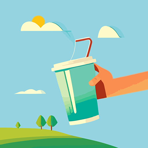 2d vector illustration of a hand dropping a clear cup into a receptacle, grass, blue sky, wrist band, signage