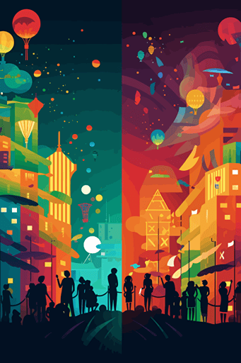 fun, festival, city, party, abstract, vector, daytime left, night time right