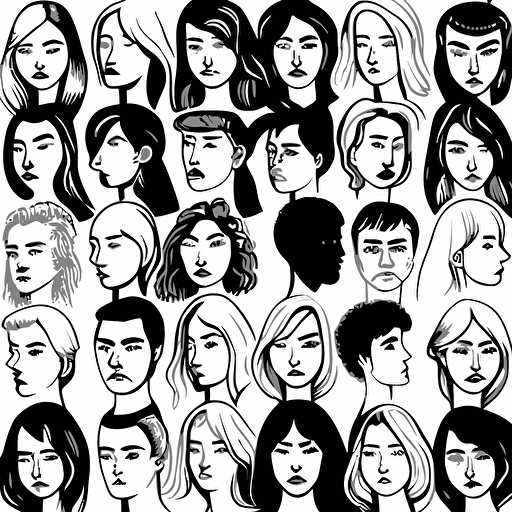 Hand drawn set of people faces in black and white inspired by carolyn suzuki, vector file format