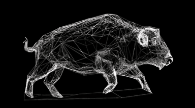 VISUAL STYLE: Line Drawing, Extremely simplistic, GENRE: Company Logo, SUBJECT(S): Bison, Mesh Nodes, TIME PERIOD: Contemporary, COLOR: Black and White, ASPECT RATIO: 16:9, FORMAT: Vector Art, FRAME SIZE: 1080p, LENS SIZE: N/A, COMPOSITION: Bison in a leaping pose, with triangular mesh nodes covering its legs, centered on the frame, LIGHTING: N/A, LIGHTING TYPE: N/A, TIME OF DAY: N/A, ENVIRONMENT: N/A, LOCATION TYPE: N/A, SET: N/A, CAMERA: N/A, LENS: N/A, FILM STOCK / RESOLUTION: N/A, TAGS: Bison, Mesh Nodes, Leaping, Vector Art