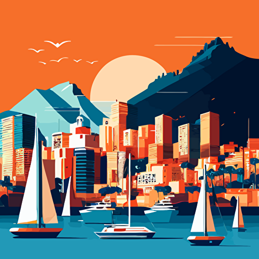 Simple vector drawing of the Monaco skyline, uncluttered, using only blue and orange colours. There are yachts in the harbour and several tall skyscrapers. There is a hill in the background and a blue sky.