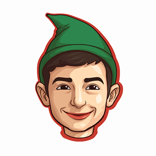 sticker design, super cute pixar Nathan Fielder wearing an elf hat, vector