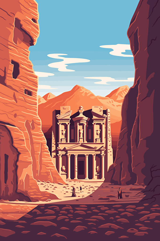 front view of Jordan in petra, blue sky, vector design, minimalist, flat