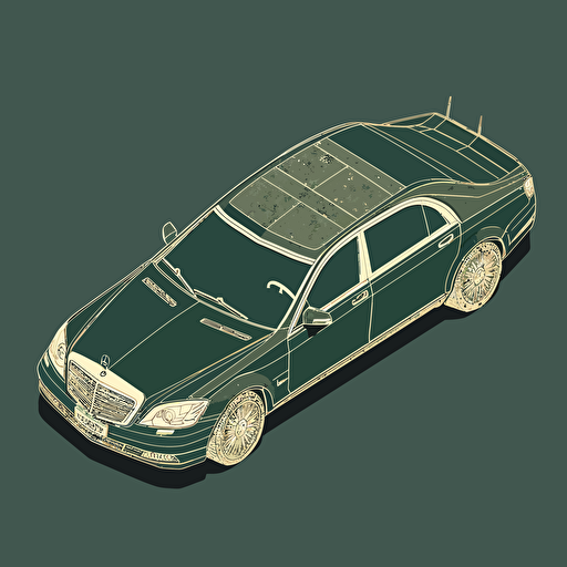 isometric world, gold over dark green 2003 Maybach 57, parked on street in Chicago, in the style of Matthew Skiff illustrations, in the style of Christopher Lee illustrations, in the style of Jonathan Ball illustrations, simple, rough-edged drawing, vector illustration, flat art,