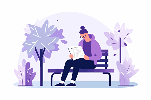 A young man reading a book, sitting on a park bench, sunny. Artsy flat vector illustration, light purples, white background