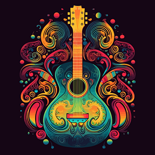acoustic guitar, surrounded by elegant musical motifs, 2d vector, neon colours, epic composition, vector design on the edges of the image