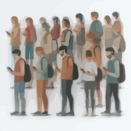 a vector illustration of a Large crowd, group of people isolated on white background, adults looking at their phones.