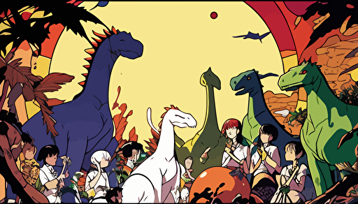 a panel from a Shōnen manga depicting a group of various and diverse dinosaurs at a party in a very beautiful land during the Jurassic period where they were adoring the sun, a meteorite approaches and is about to extinguish them, they look worried, some pray, others embrace their offspring, color pop, flat vector art, bright colors, high resolution