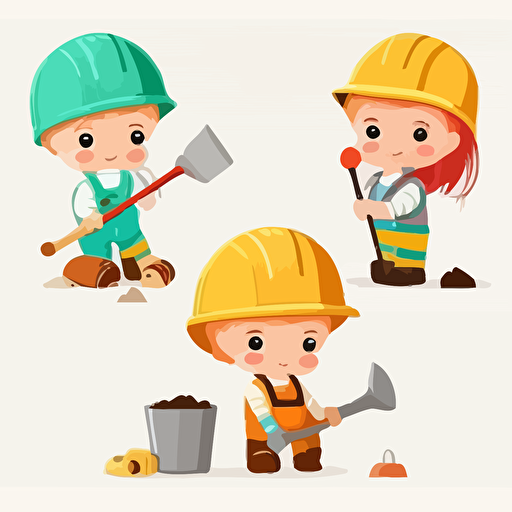 Little Builders Wearing Hard Hat with Construction Tools Executing Work Vector Set, , isolated, white background