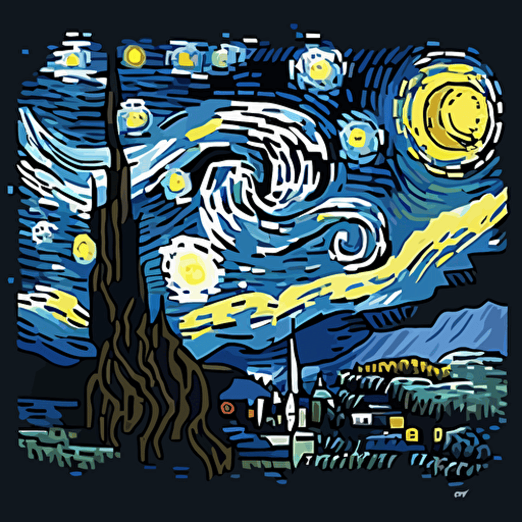 Craft a pixel art-inspired vector illustration of Van Gogh's "The Starry Night," utilizing small squares of color to represent the details and strokes of the painting.