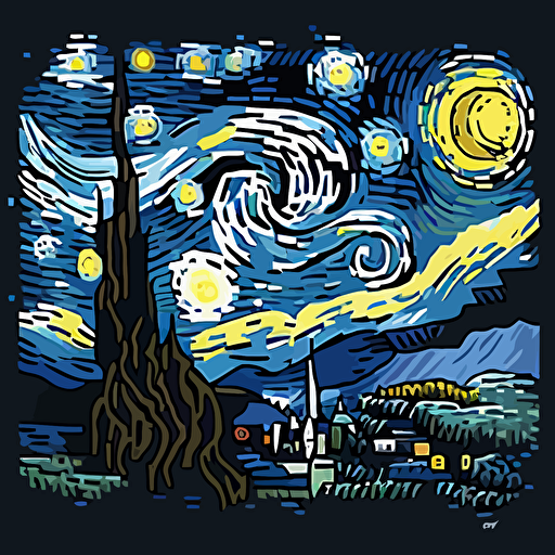 Craft a pixel art-inspired vector illustration of Van Gogh's "The Starry Night," utilizing small squares of color to represent the details and strokes of the painting.