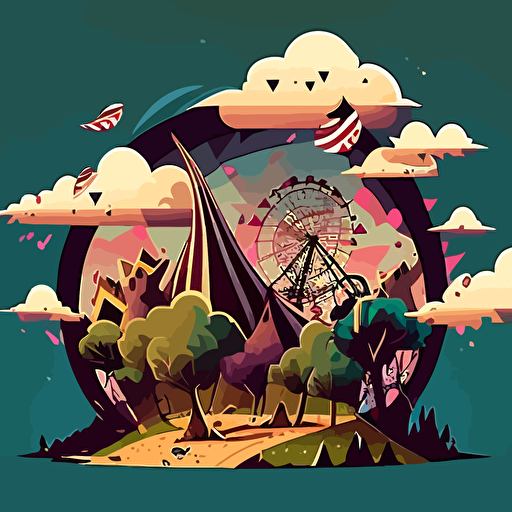 the scene is in a wooded area, vacant, shrubs, trees, bushes, roses, a hill in the background, a city landscape in the background, high clouds, broken carnival rides in the distant background, illustration, cartoon, vector