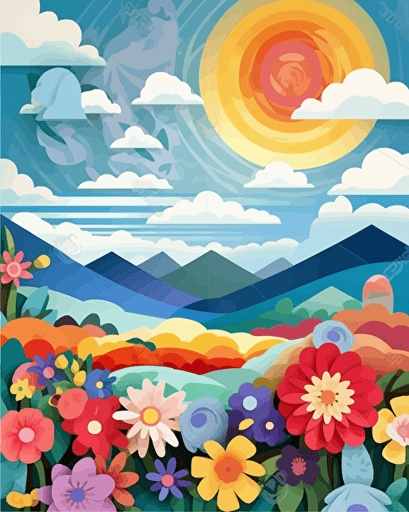 Children’s artwork, Cut Paper style, blue sky and white clouds, hawaii flowers, low detail, lots of depth, pastel colors, vector