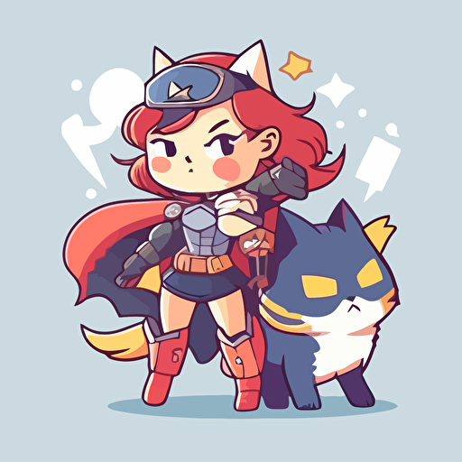 female hero with cat features, chibi style, flat colors, vector design