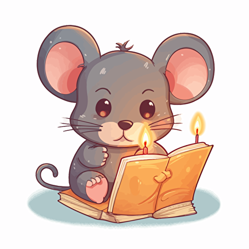 cute, cartoon mouse reading a book by candle light, sticker, wall decal. vector