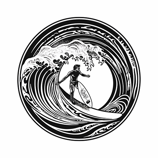 detailed Hawaii surfing logo, black and white design, vector isolated on white