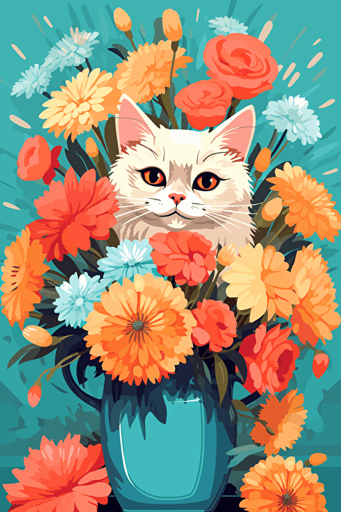 colorful svg vector drawing of a beautiful cat near a vase full of flowers