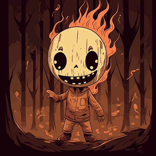 Ticci Toby, Fan Art, 2d illustration, flat vector, hand-drawn, neutral tones, creepypasta, forest on fire
