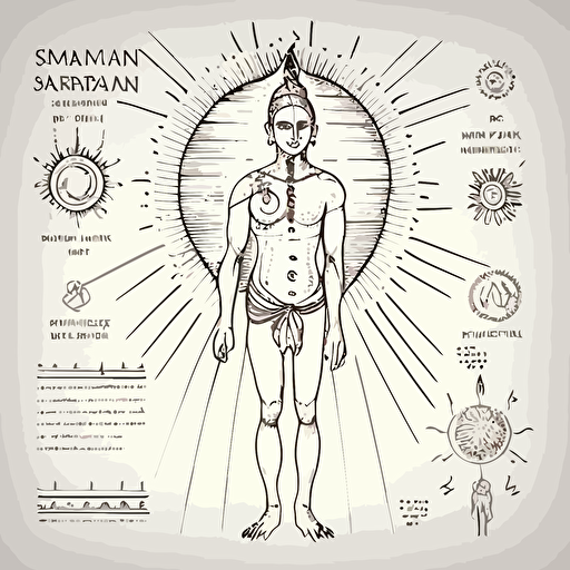 sun moon masculine feminine energy principles asana shankara upanishad veda meditation sanskrit devanagari varna mala isometric hand drawn sketches line drawing illustration vector