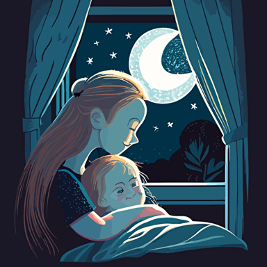 A cute cartoon little girl with long blonde hair and blue eyes being tucked into bed by her pretty Mama. The window is open and the moon and stars can be seen, vector, ar 2:3, illustration