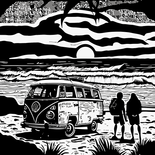 surfers standing by vw van on the beach in santa cruz california, vector, linocut, black and white, detailed