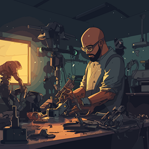 A bald Dominican man with a beard is building a futuristic robot in his workshop. vector art, moody lighting, high resolution