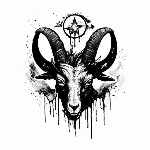 flat vector logo, black and white, ink style, black moon, goat eye, three black tears