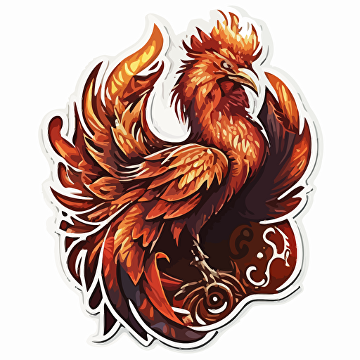 sticker of a fire rooster phoenix coat of arms, highly detailed, vector art, defined sticker cutout, plain white background, 32k