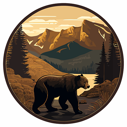 A coin emblem with a Bear Standing:: background of mountains, color, vector, ar 5:3, c 100