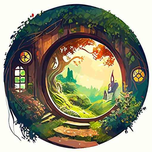 vector illustration by studio ghibli, the shire, hobbit home porch, amazing views, watercolor style