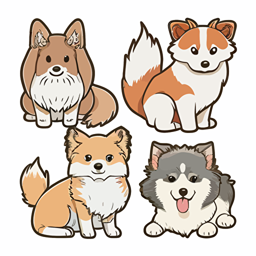 kawaii, four animals, white mancoon, brown calico, wolf dog, Rough Collie, sticker, vector, white background, contour, cartoon style